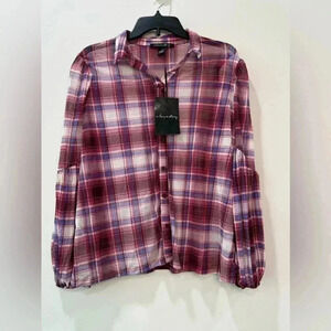 Cherry Plaid Sheer Limbo Sleeves Blouse - Size S